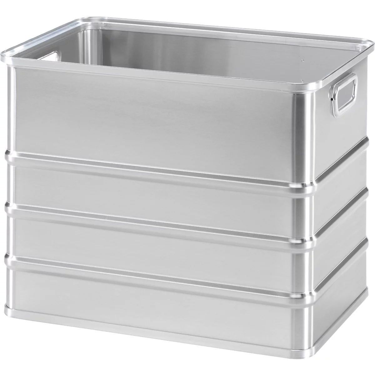 Caja de almacenamiento rectangular de aluminio plateado con asas laterales sobre un fondo neutro.