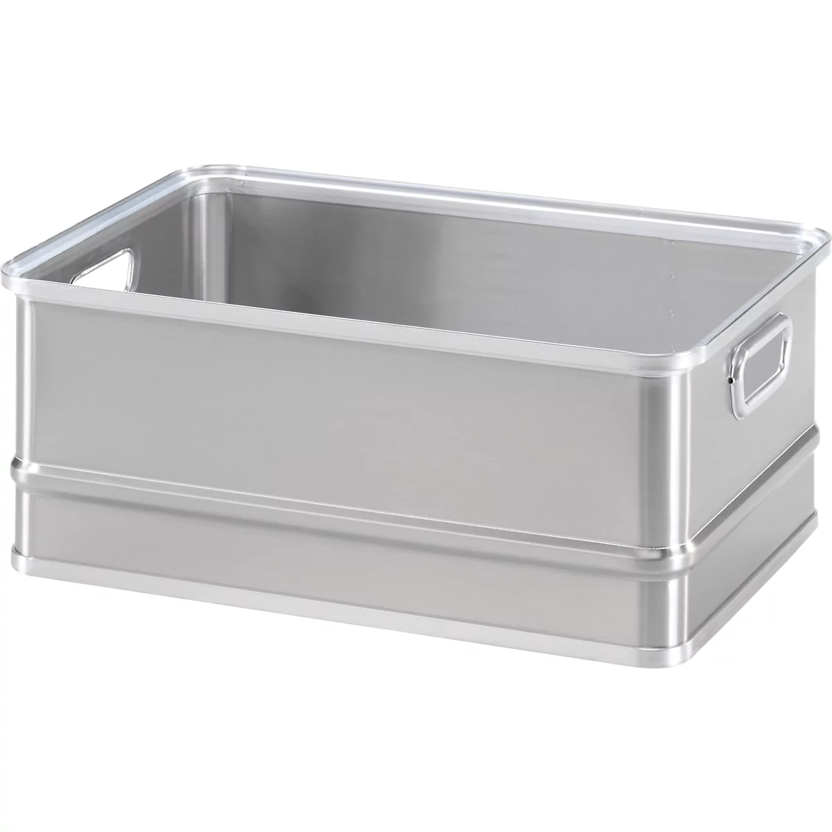 Cesta de almacenamiento rectangular y brillante de acero inoxidable con dos aberturas laterales para asas sobre fondo blanco.