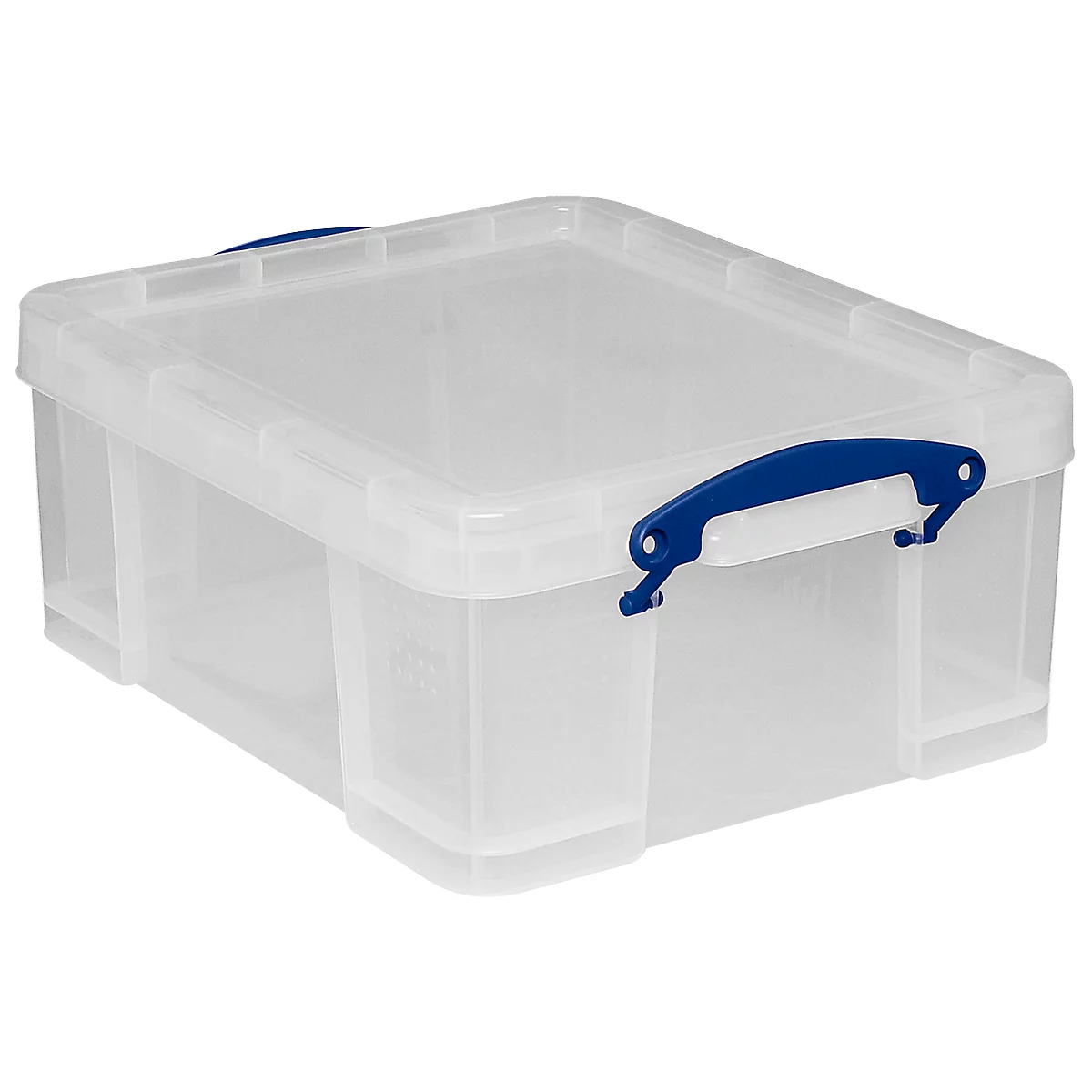 Caja de plástico transparente con asa azul, tapa cerrada.