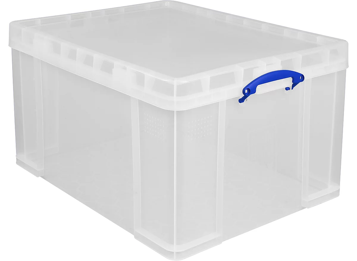 Caja de transporte Really Useful Box, volumen 145 l, L 810 x A 620 x H 430 mm, apilable, con tapa y asas plegables, PP reciclado, transparente