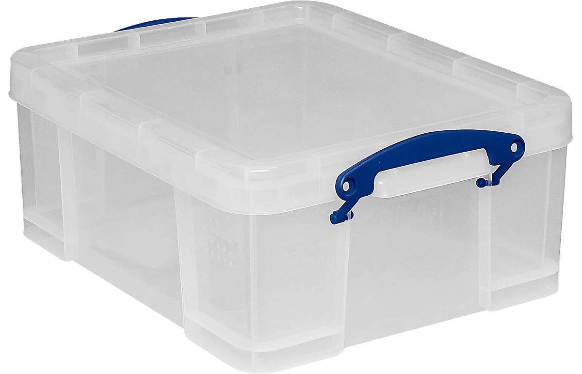 Caja de transporte Really Useful Box, volumen 18 l, L 480 x W 390 x H 200 mm, apilable, con tapa y asas plegables, PP reciclado, transparente