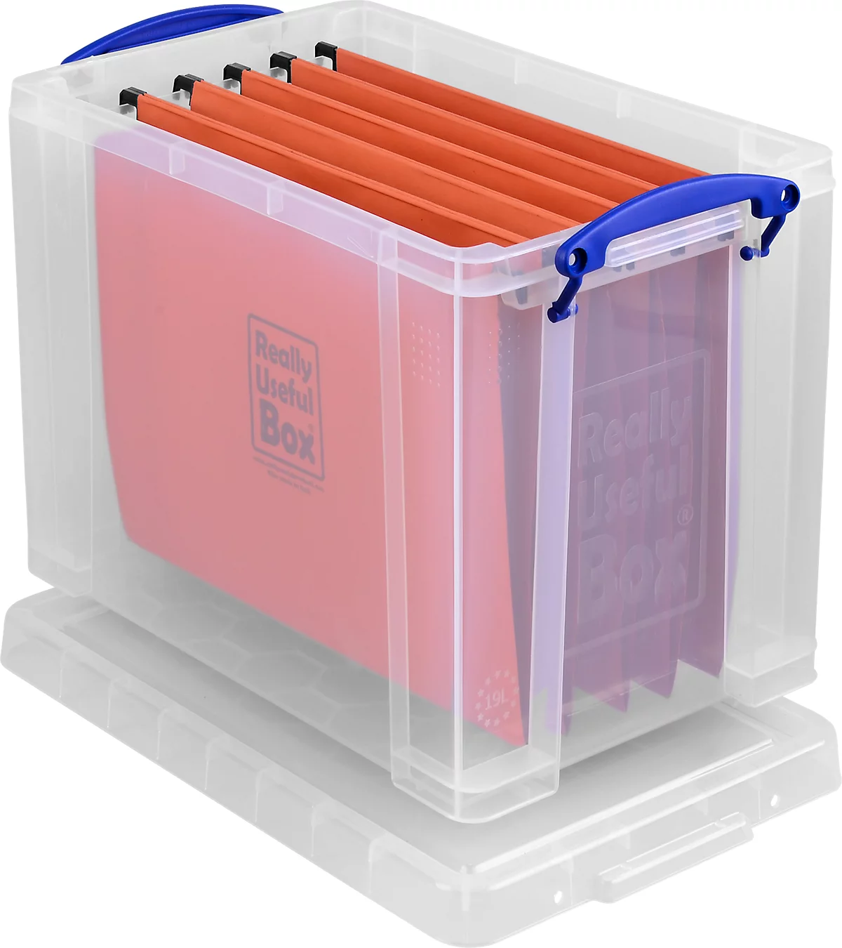 Caja de transporte Really Useful Box, volumen 19 l, L 395 x A 255 x H 290 mm, apilable, con tapa y asas plegables, PP reciclado, transparente