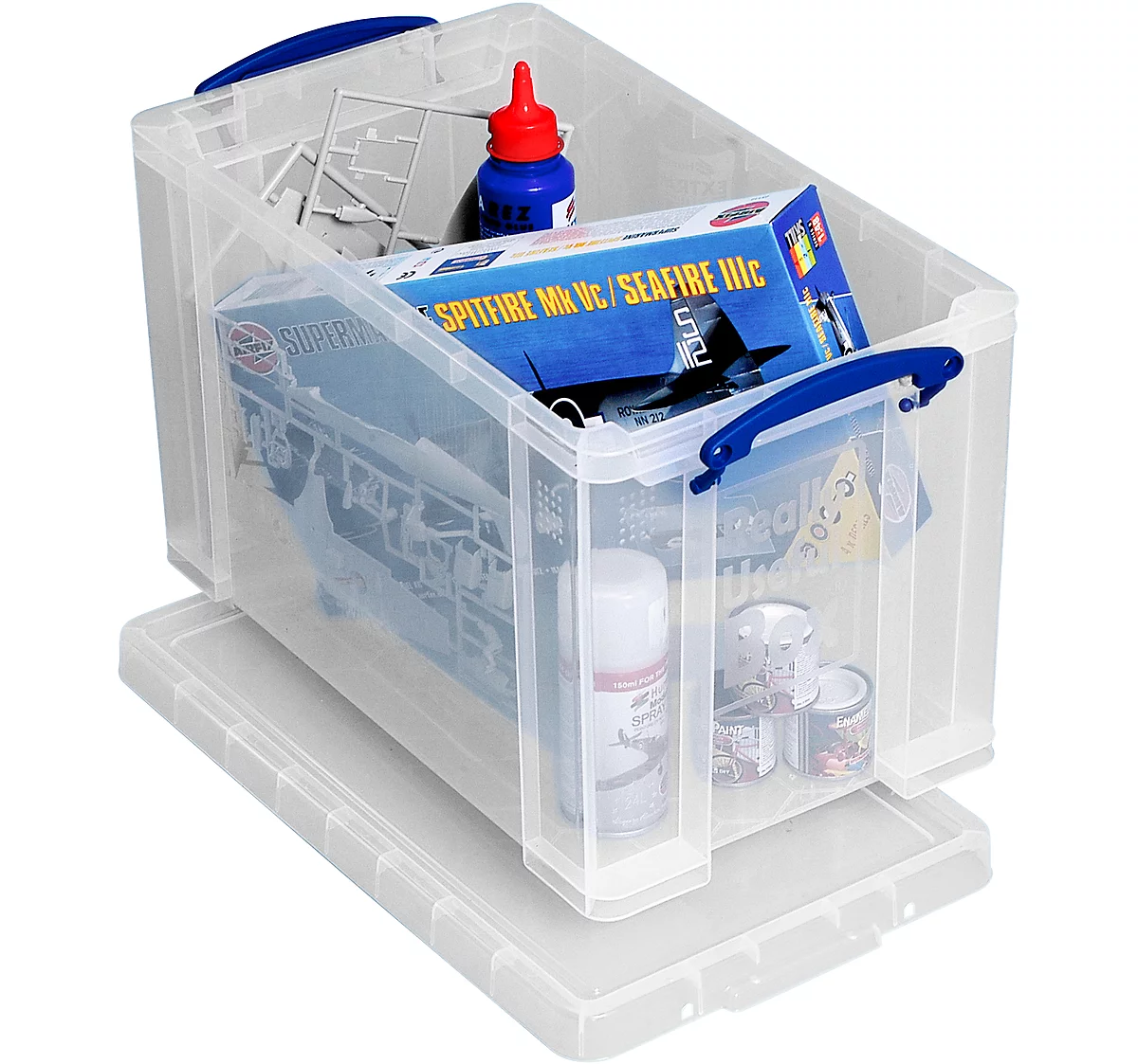 Caja de transporte Really Useful Box, volumen 24 l, L 460 x A 270 x H 290 mm, apilable, con tapa y asas plegables, PP reciclado, transparente