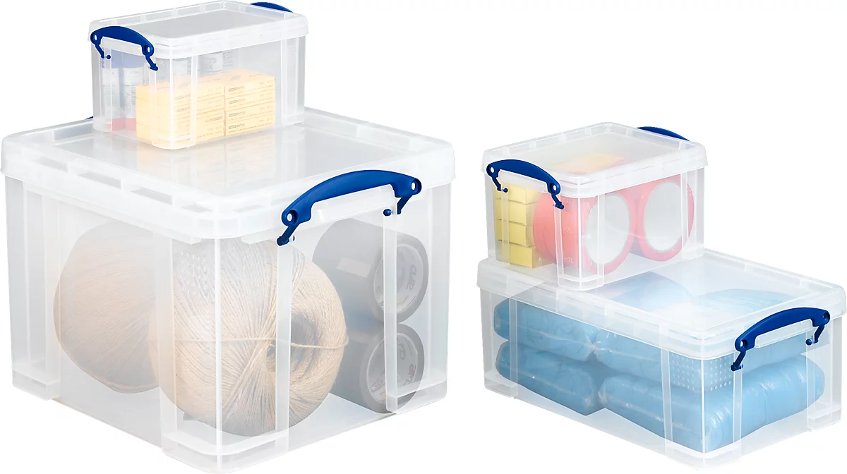 Caja de transporte Really Useful Box, volumen 3 l, L 240 x A 180 x A 160 mm, apilable, con tapa y asas plegables, PP reciclado, transparente
