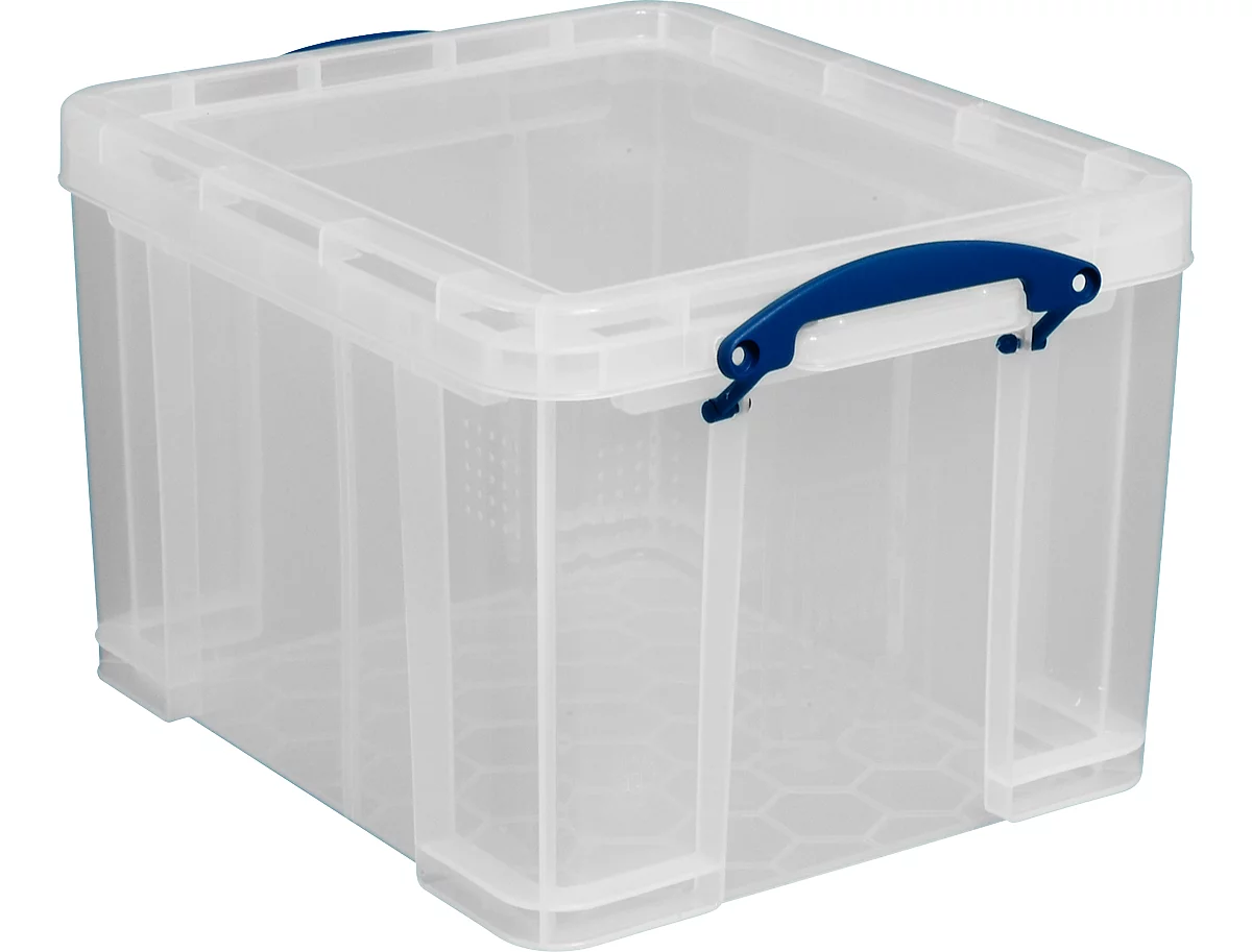 Caja de transporte Really Useful Box, volumen 35 l, L 480 x A 390 x H 310 mm, apilable, con tapa y asas plegables, PP reciclado, transparente