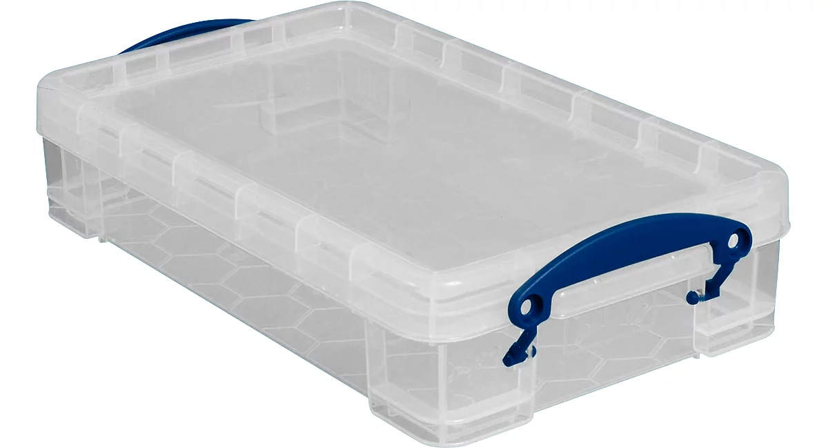 Caja de transporte Really Useful Box, volumen 4 l, L 395 x A 255 x H 85 mm, apilable, con tapa y asas plegables, PP reciclado, transparente