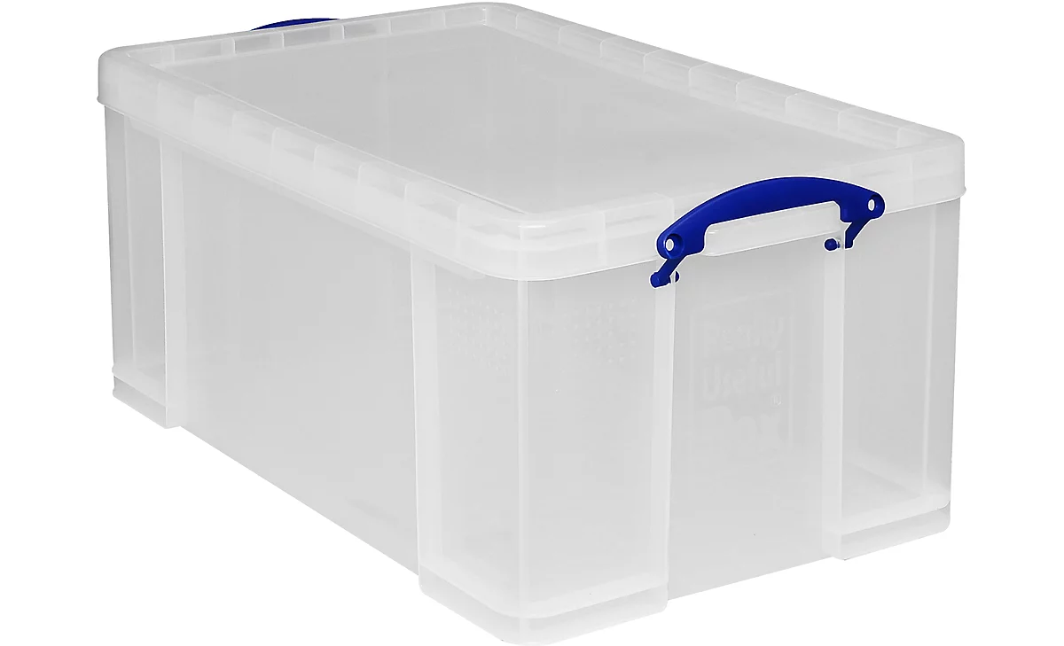 Caja de transporte Really Useful Box, volumen 64 l, L 710 x A 440 x H 310 mm, apilable, con tapa y asas plegables, PP reciclado, transparente