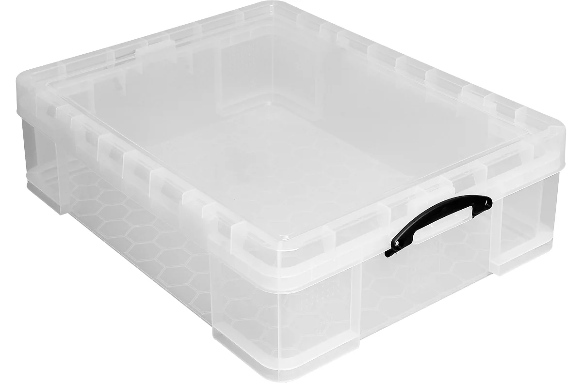 Caja de transporte Really Useful Box, volumen 70 l, L 810 x A 620 x H 225 mm, apilable, con tapa y asas plegables, PP reciclado, transparente