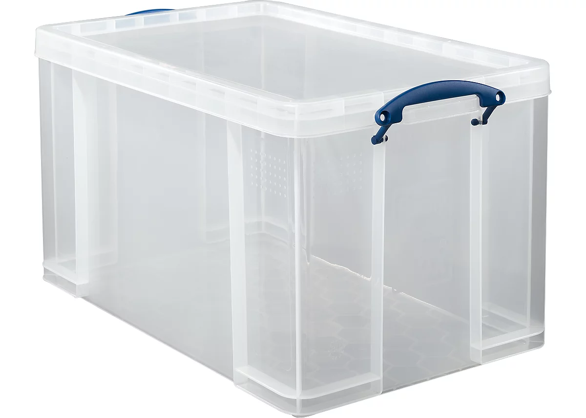 Caja de transporte Really Useful Box, volumen 84 l, L 710 x A 440 x A 380 mm, apilable, con tapa y asas plegables, PP reciclado, transparente