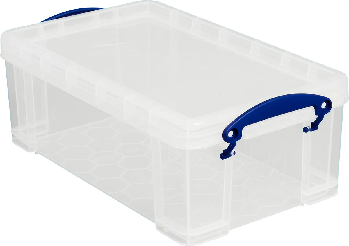Caja de transporte Really Useful Box, volumen 9 l, L 395 x A 255 x H 155 mm, apilable, con tapa y asas plegables, PP reciclado, transparente