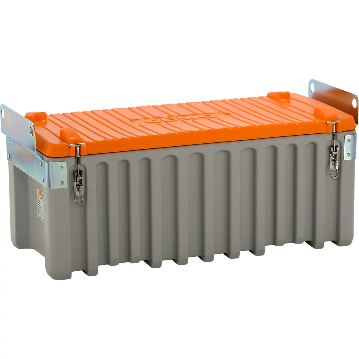 Caja de transporte y plataforma CEMO CEMbox 250, polietileno, 250 l, L 1240 x W 600 x H 570 mm, apilable, con grúa, gris/naranja