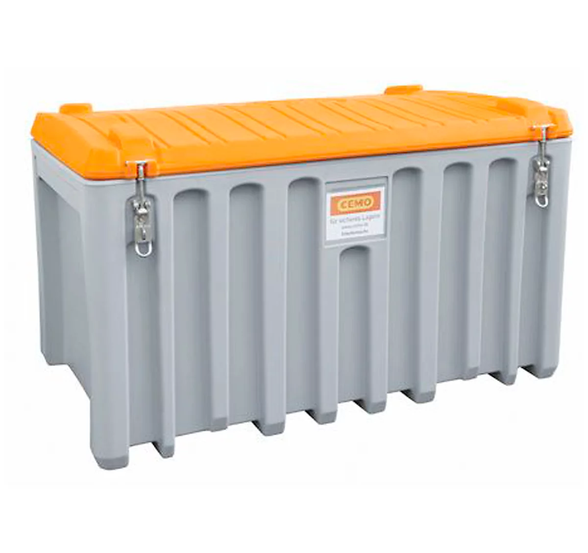 Caja de transporte y plataforma CEMO CEMbox 400, polietileno, 400 l, L 1200 x A 810 x H 750 mm, apilable, con grúa, gris/naranja