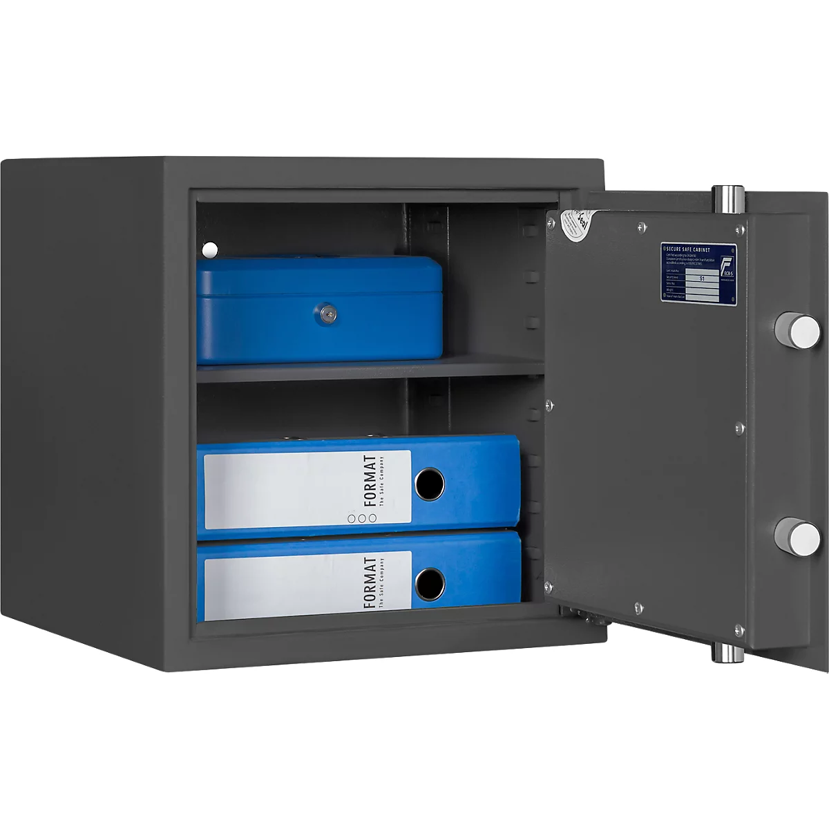 Caja fuerte MT 2, nivel de seguridad S 1 según EN 14450, 46 archivos de l/4, cerradura de doble paletón con 2 llaves, 1 estante, A 405 x P 385 x H 405 mm, gris grafito