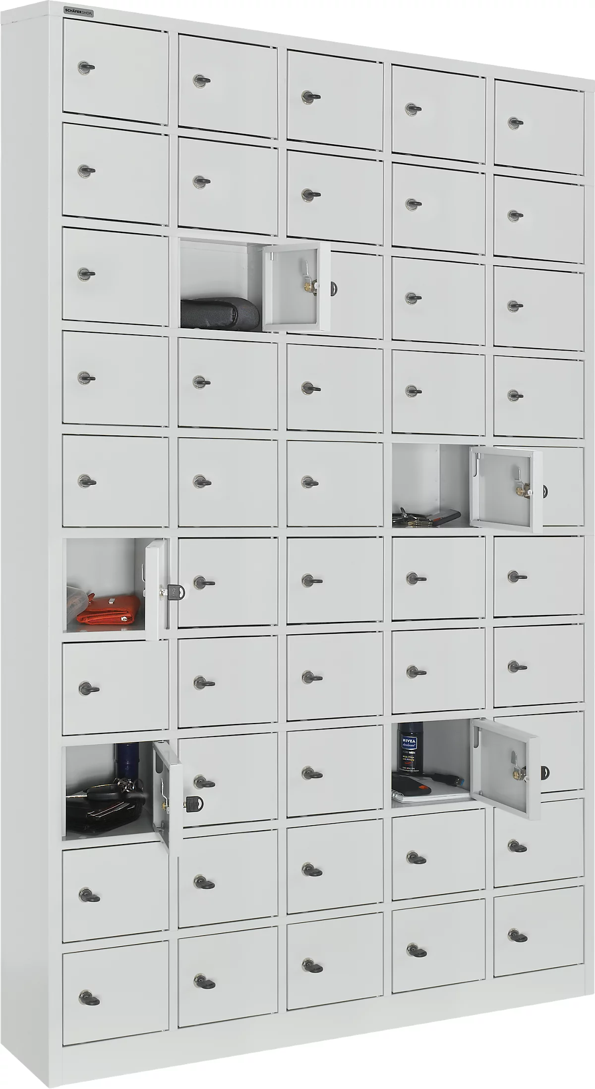Caja fuerte Schäfer Shop Select, 50 compartimentos, puertas con cerraduras de cilindro incl. llaves y llave maestra, ancho 980 x fondo 200 x alto 1530 mm, chapa de acero, gris claro RAL 7035