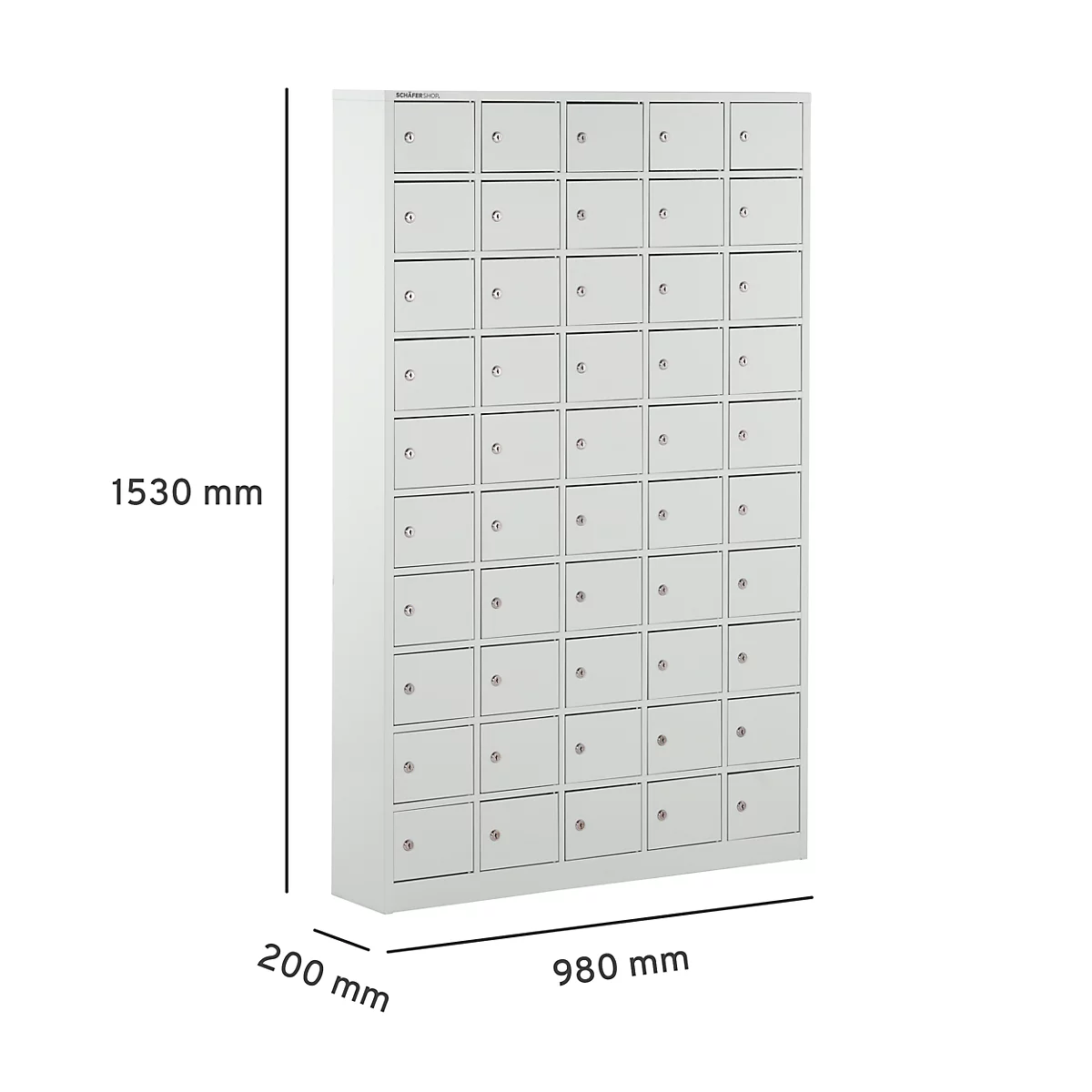 Caja fuerte Schäfer Shop Select, 50 compartimentos, puertas con cerraduras de cilindro incl. llaves y llave maestra, ancho 980 x fondo 200 x alto 1530 mm, chapa de acero, gris claro RAL 7035