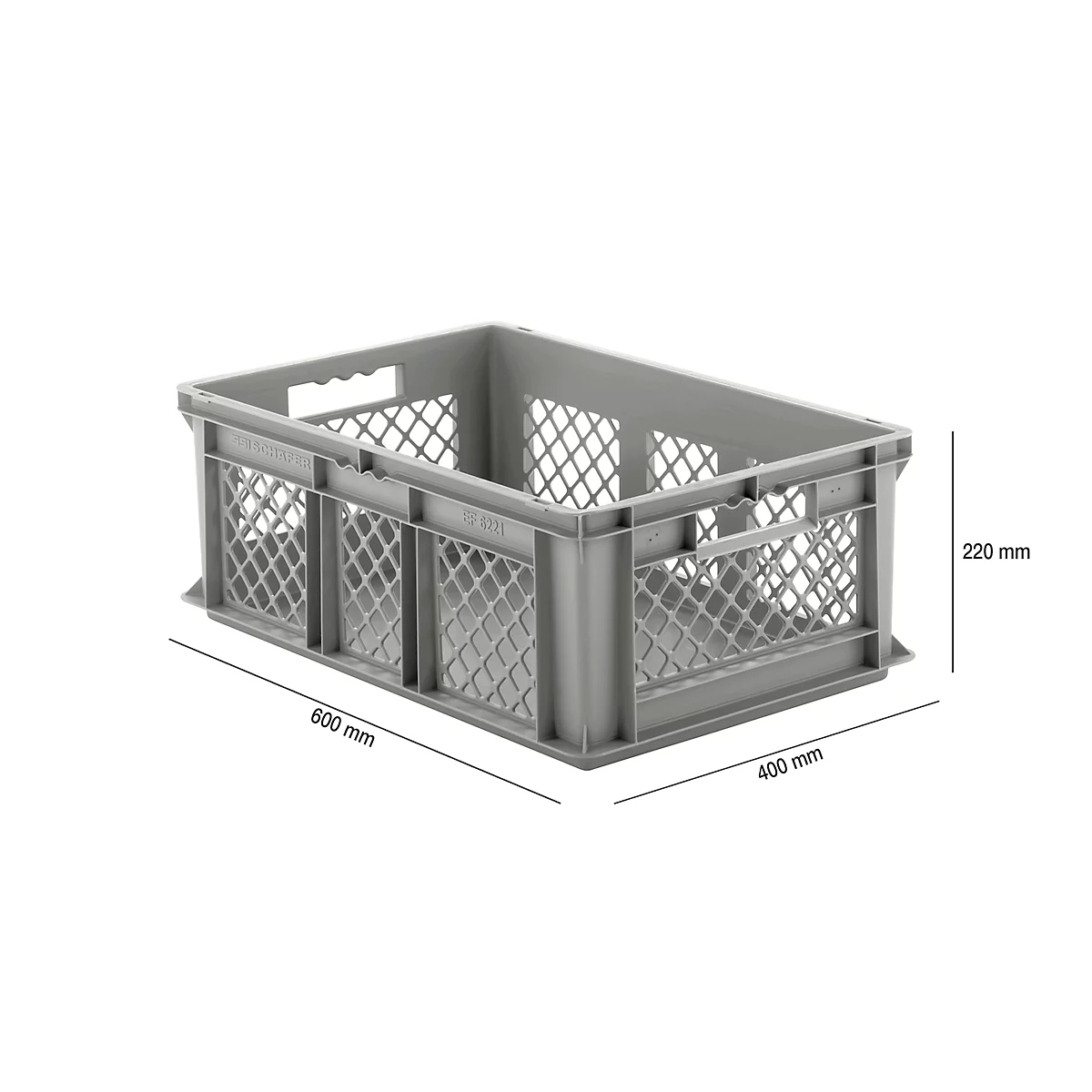 Caja norma europea serie EF 6221, de PP, capacidad 43,5 l, paredes caladas, gris, asidero