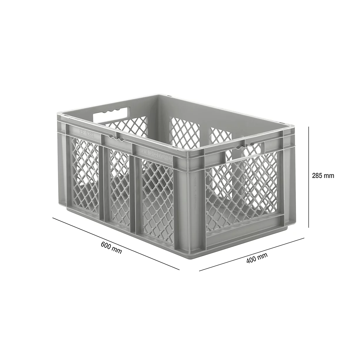 Caja norma europea serie EF 6281, de PP, capacidad 56,6 l, paredes caladas, gris, asidero