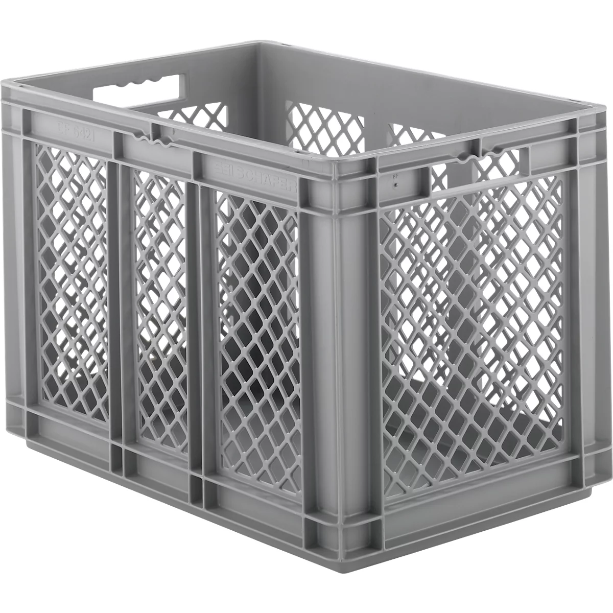 Caja norma europea serie EF 6421, de PP, capacidad 83,8 l, paredes caladas, gris, asidero