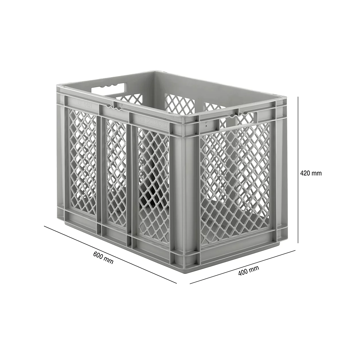 Caja norma europea serie EF 6421, de PP, capacidad 83,8 l, paredes caladas, gris, asidero