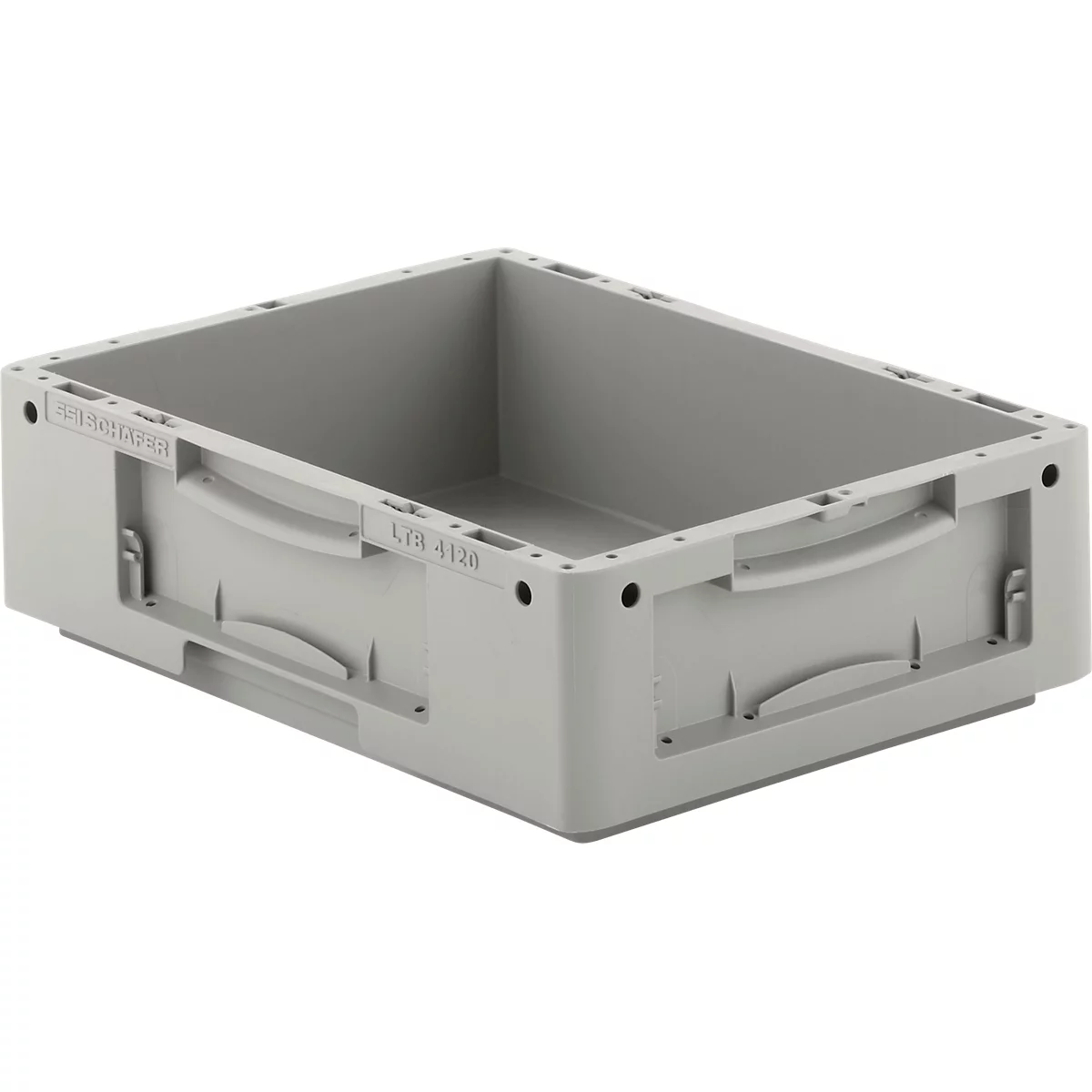 Caja de plástico gris claro con asas y letras LGR 4120.