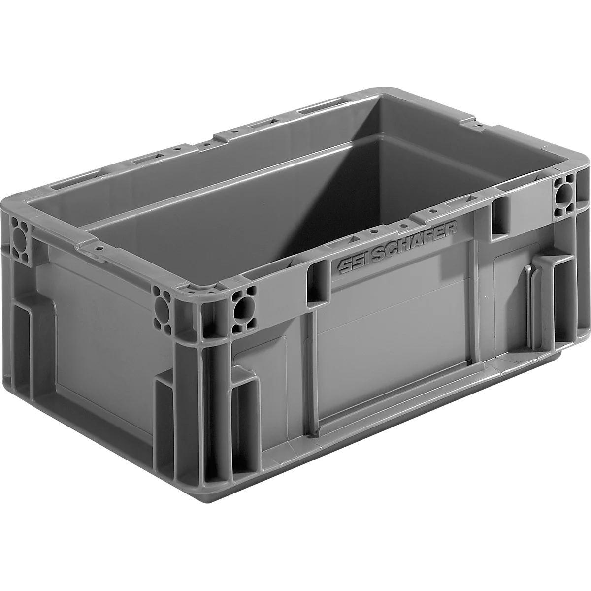 Caja de plástico gris con esquinas, agujeros y relieve GE SCHAFER.