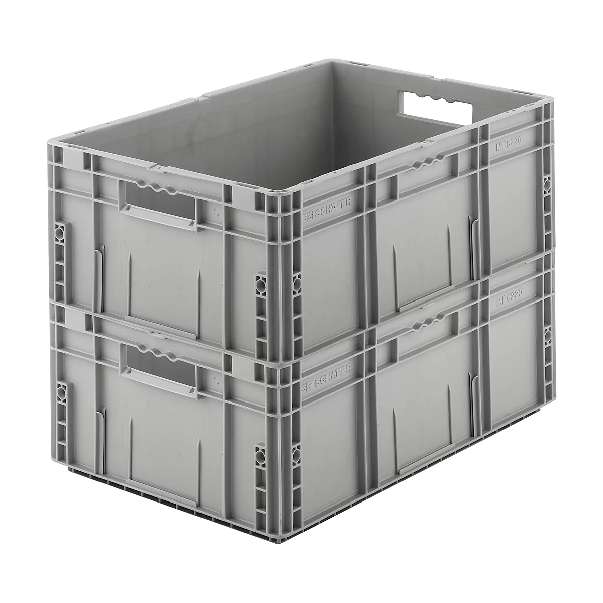 Dos cajas de plástico grises apiladas una encima de la otra. Las cajas tienen recortes rectangulares como asas.