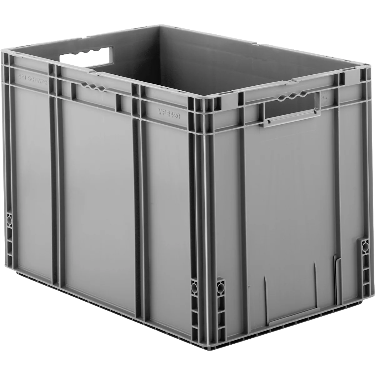 Caja de plástico gris con asas. La caja tiene barras verticales y refuerzos rectangulares en las esquinas.