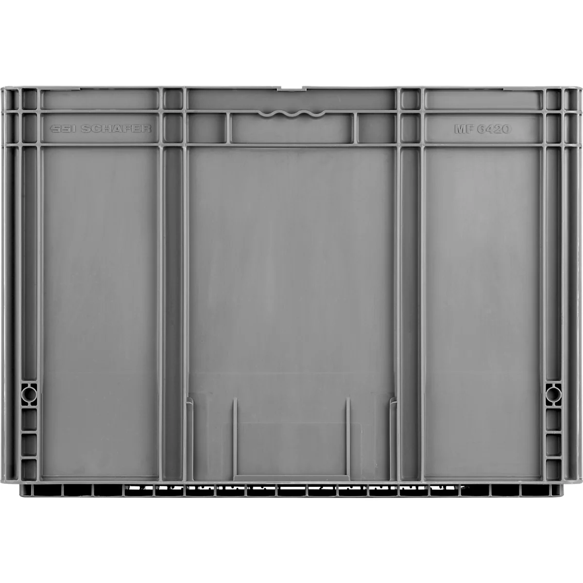 Caja de plástico gris, vista frontal, con nervaduras verticales y horizontales. La inscripción "SSI SCHAEFER" está en la parte superior, y "MIP 0430" en el borde.