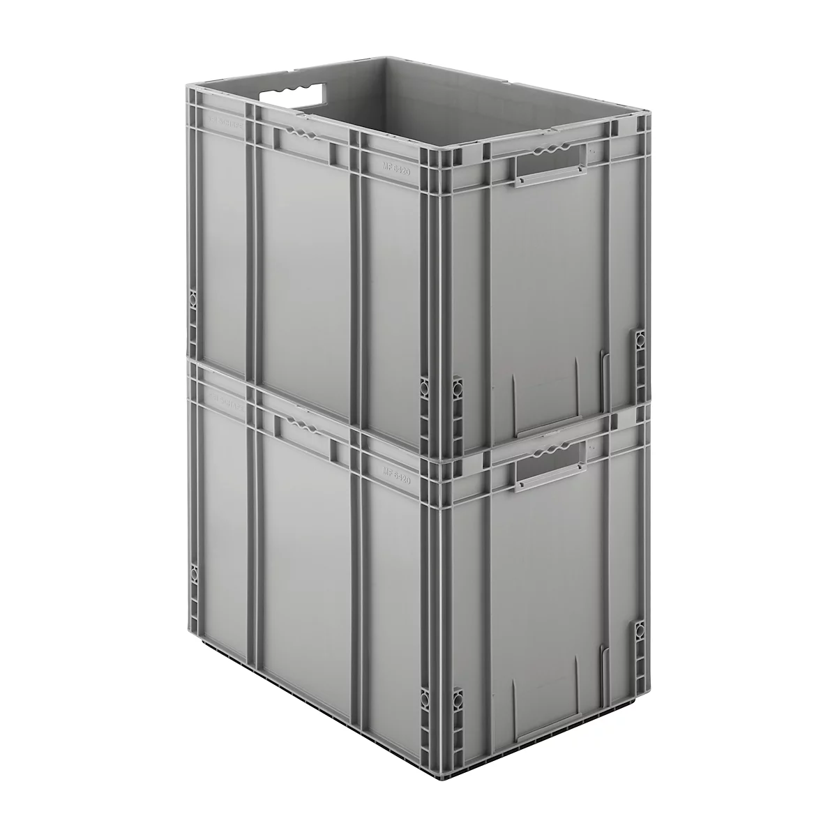 Dos cajas de plástico grises, apiladas una encima de la otra. Cada caja tiene asas y está representada sobre un fondo blanco.