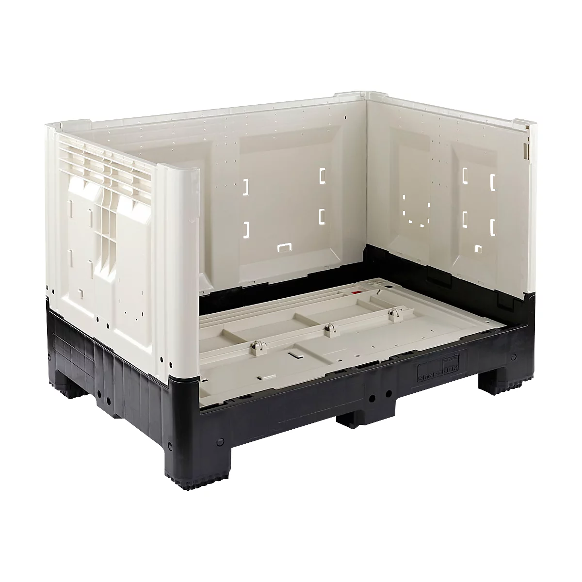 Un contenedor de plástico beige vacío con base negra, parte superior abierta y aberturas laterales.