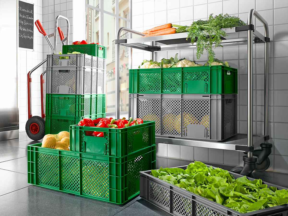 Caja para fruta y verdura norma europea, de calidad alimentaria, capacidad 55,7 l, versión calada, verde