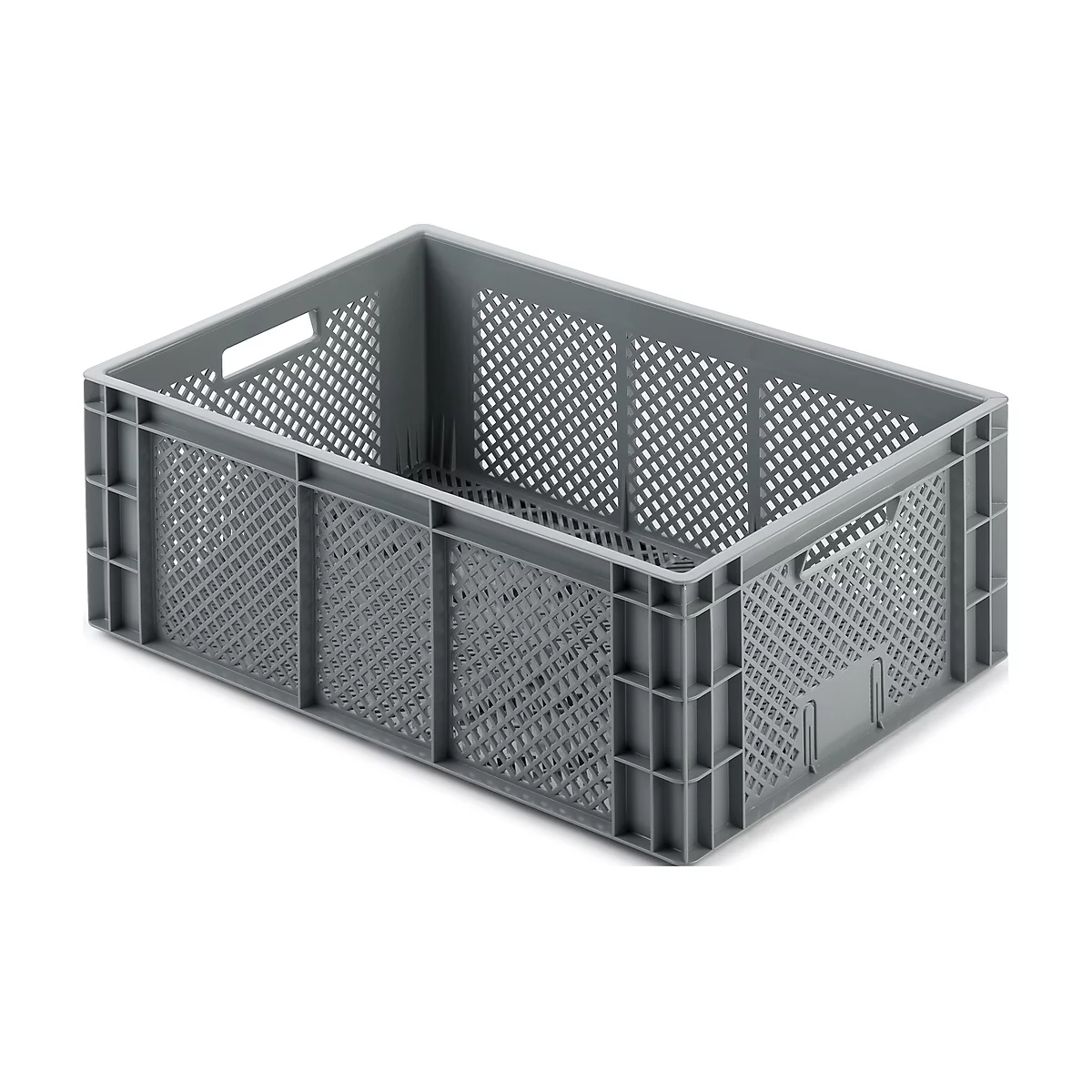 Caja de plástico gris con patrón de rejilla abierta, aberturas para asas en los lados.