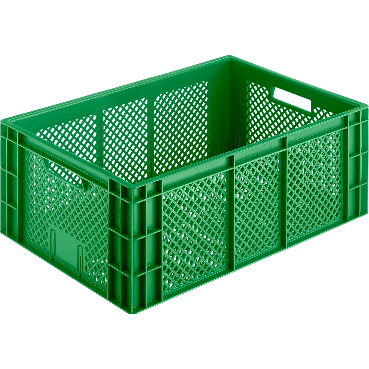 Caja de plástico verde con estructura de rejilla, rectangular, con aberturas de asa en los laterales.