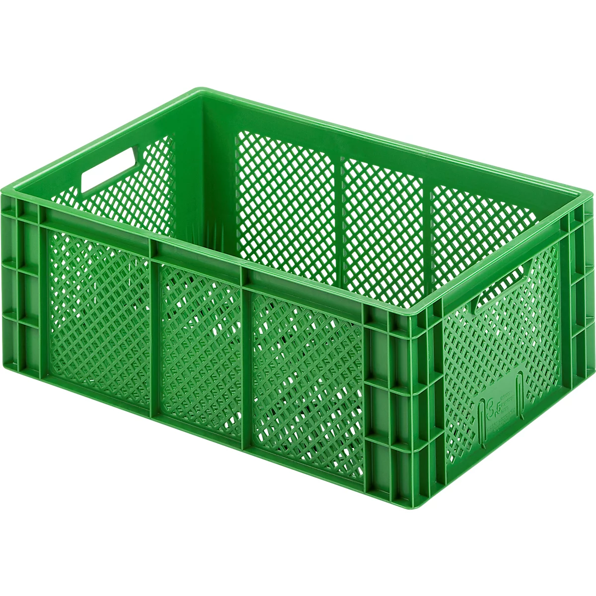 Caja de plástico verde con patrón de malla. Forma rectangular con aberturas para asas en los laterales.