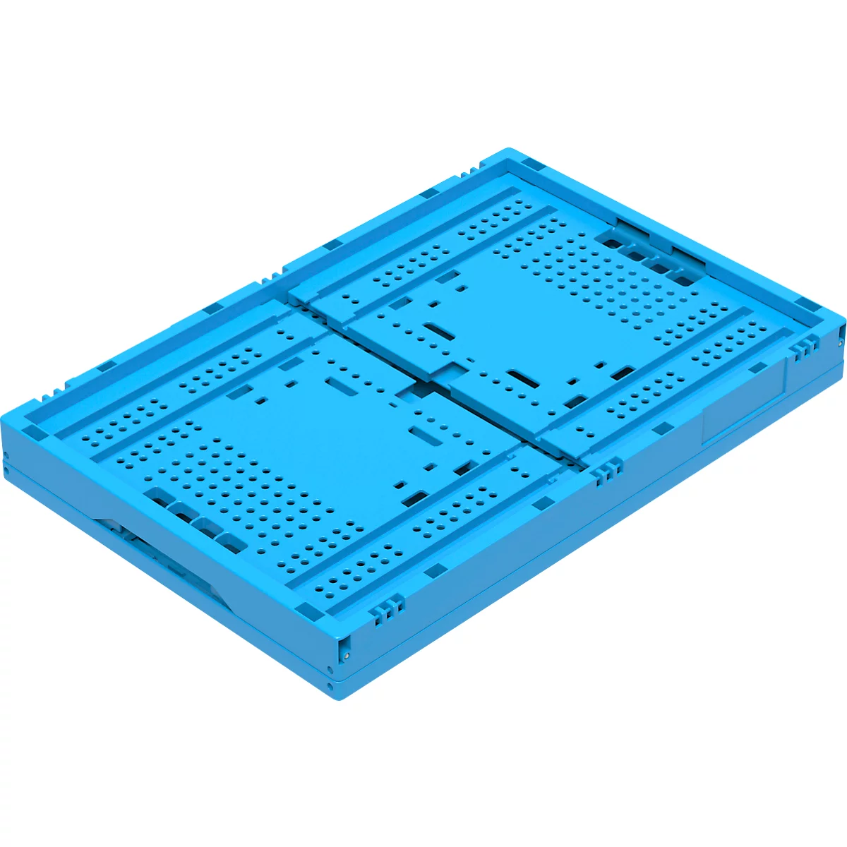 Caja de plástico rectangular azul claro con orificios de ventilación. Vista detallada superior.
