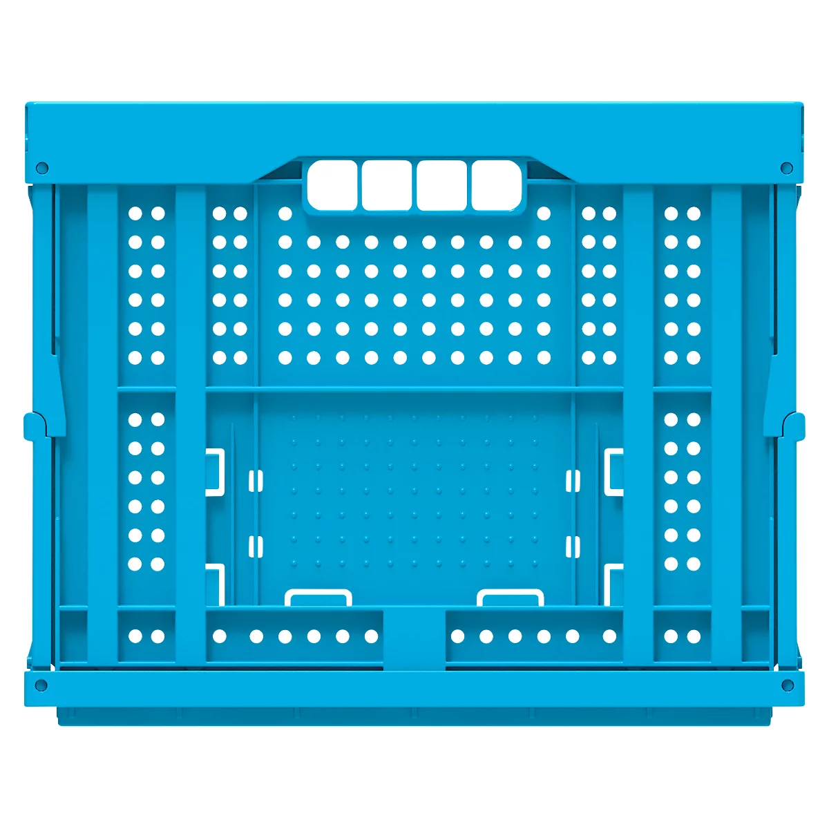 Caja de plástico azul claro, vista frontal, agujeros y puntales.