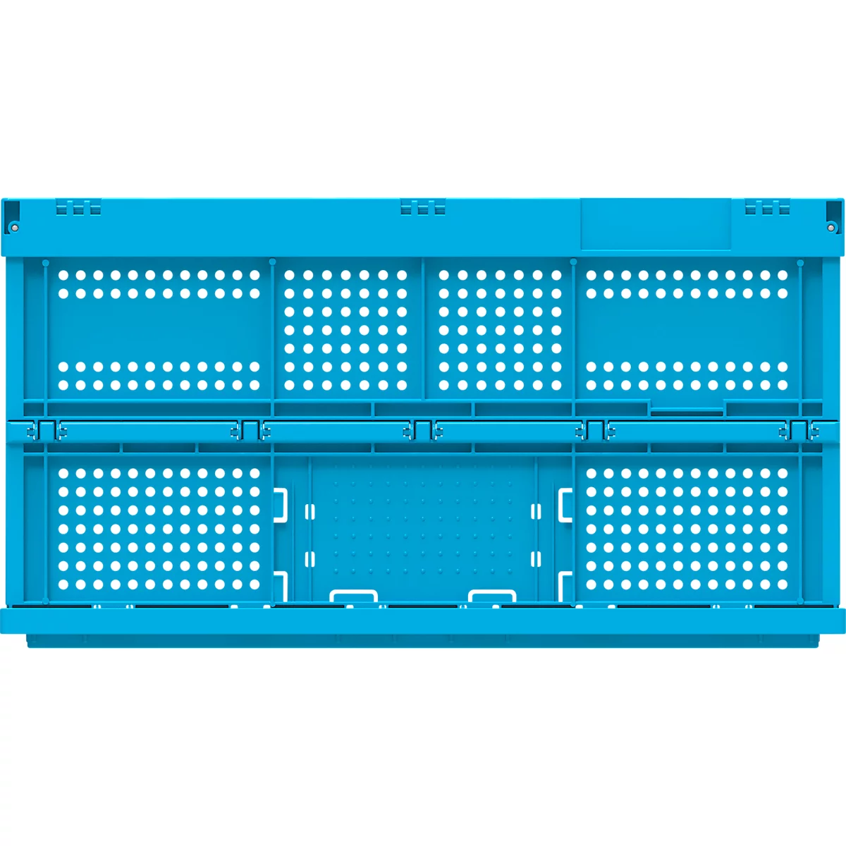 Caja de transporte plegable azul claro. Forma rectangular, con agujeros y asas. La tapa está cerrada.
