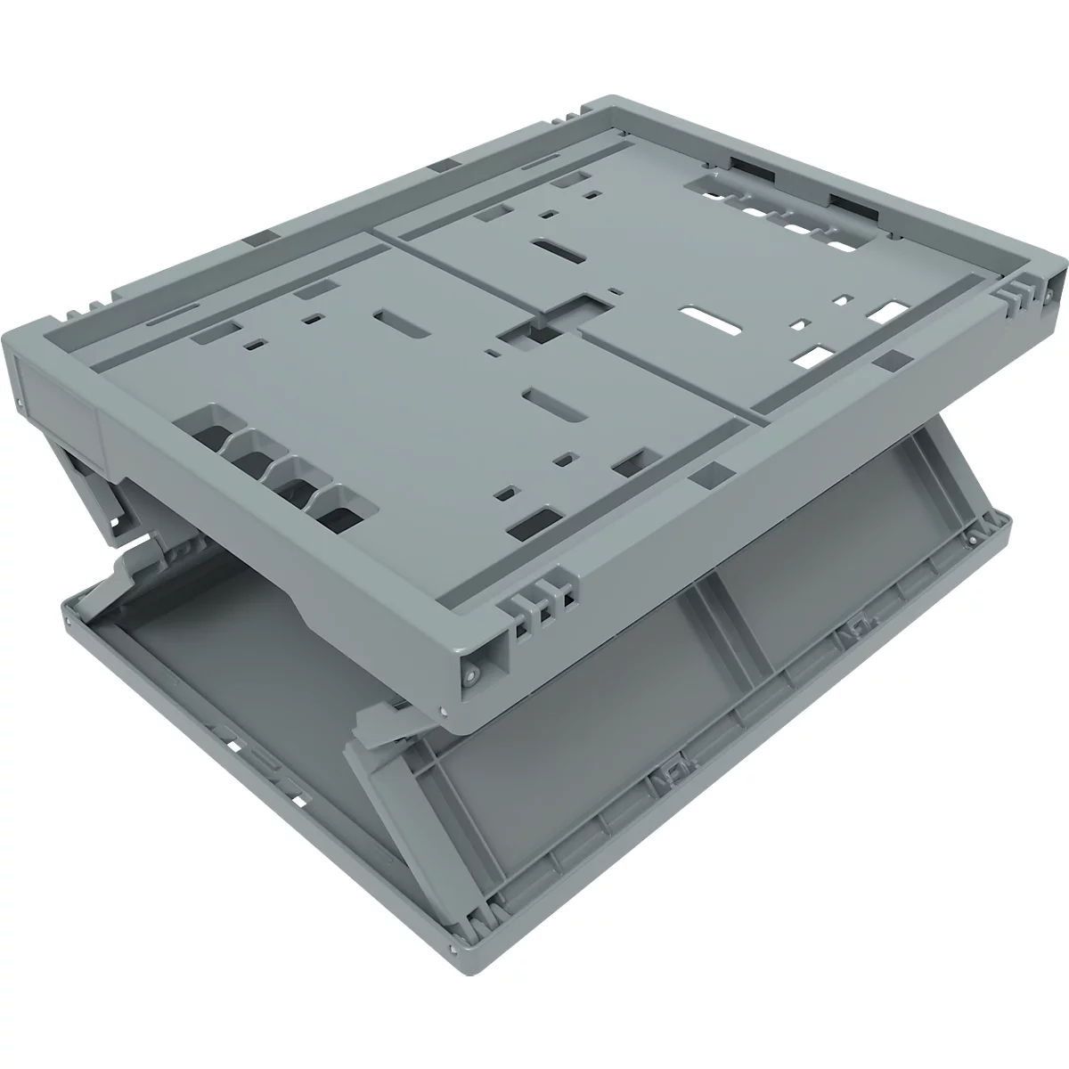 Caja de plástico gris, plegable, parcialmente abierta, tomada en diagonal desde arriba.