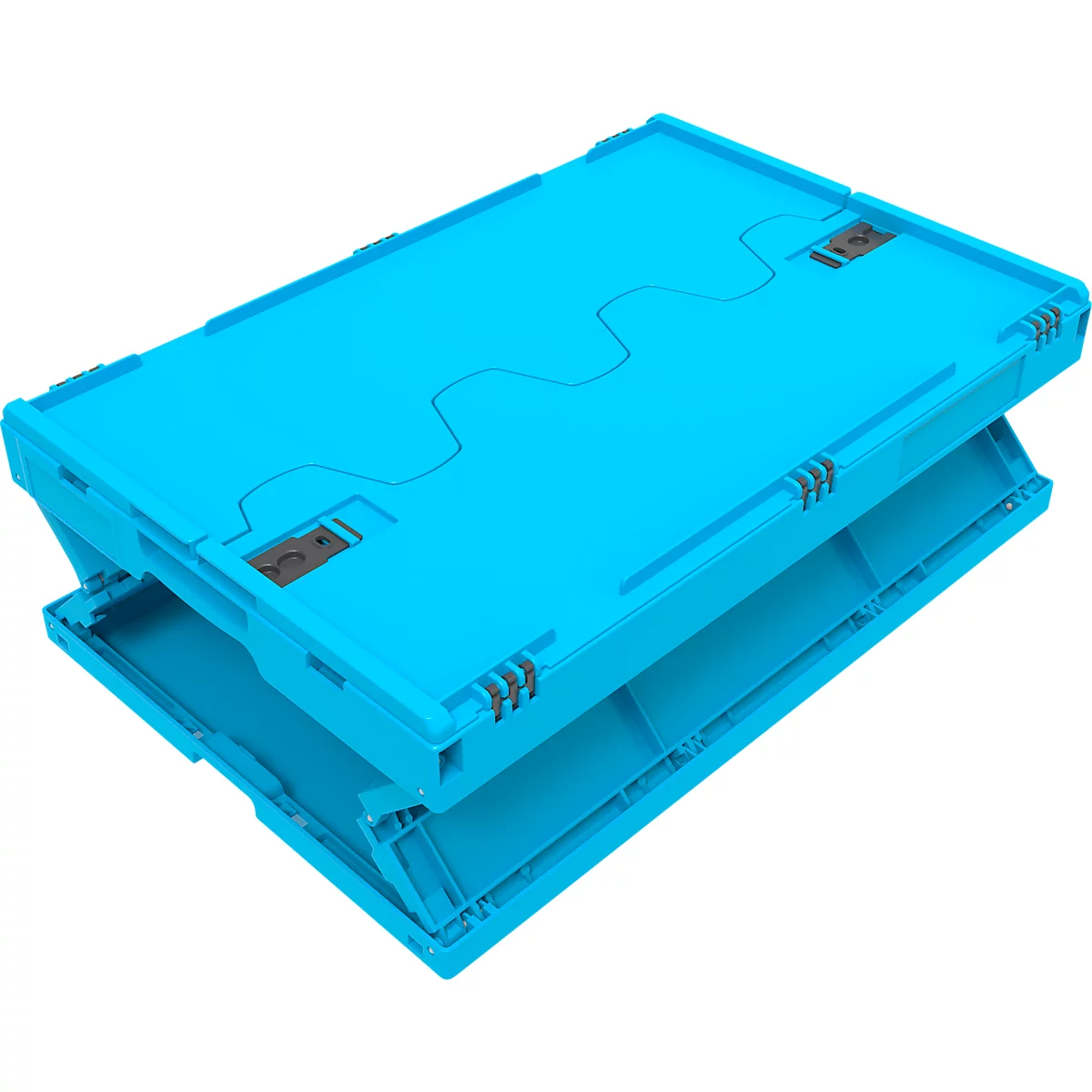Caja de transporte plegable azul claro, parcialmente desplegada. Una línea en zigzag en la parte superior, cierres grises en las esquinas.
