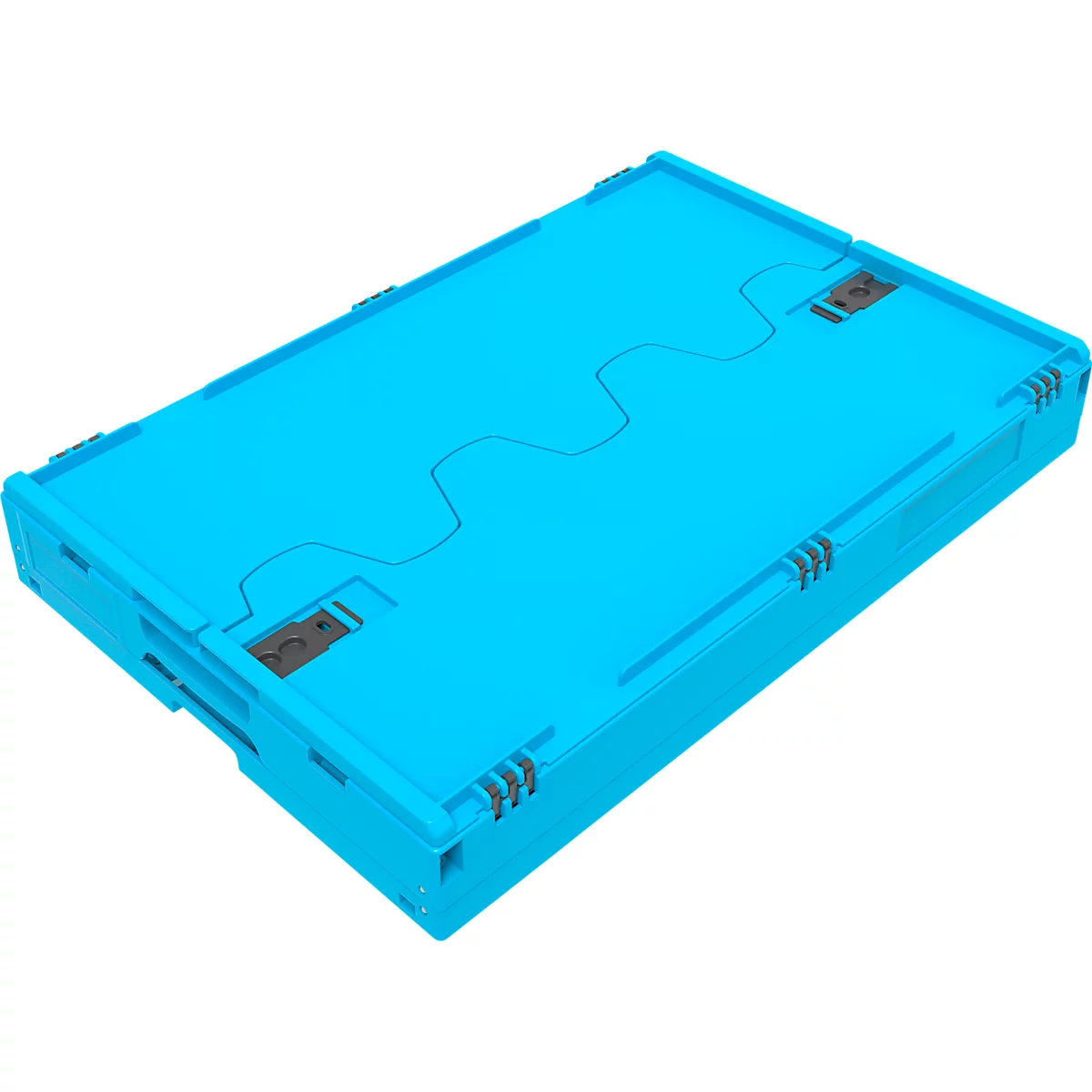 Caja de plástico azul claro con una línea central ondulada y cierres oscuros.