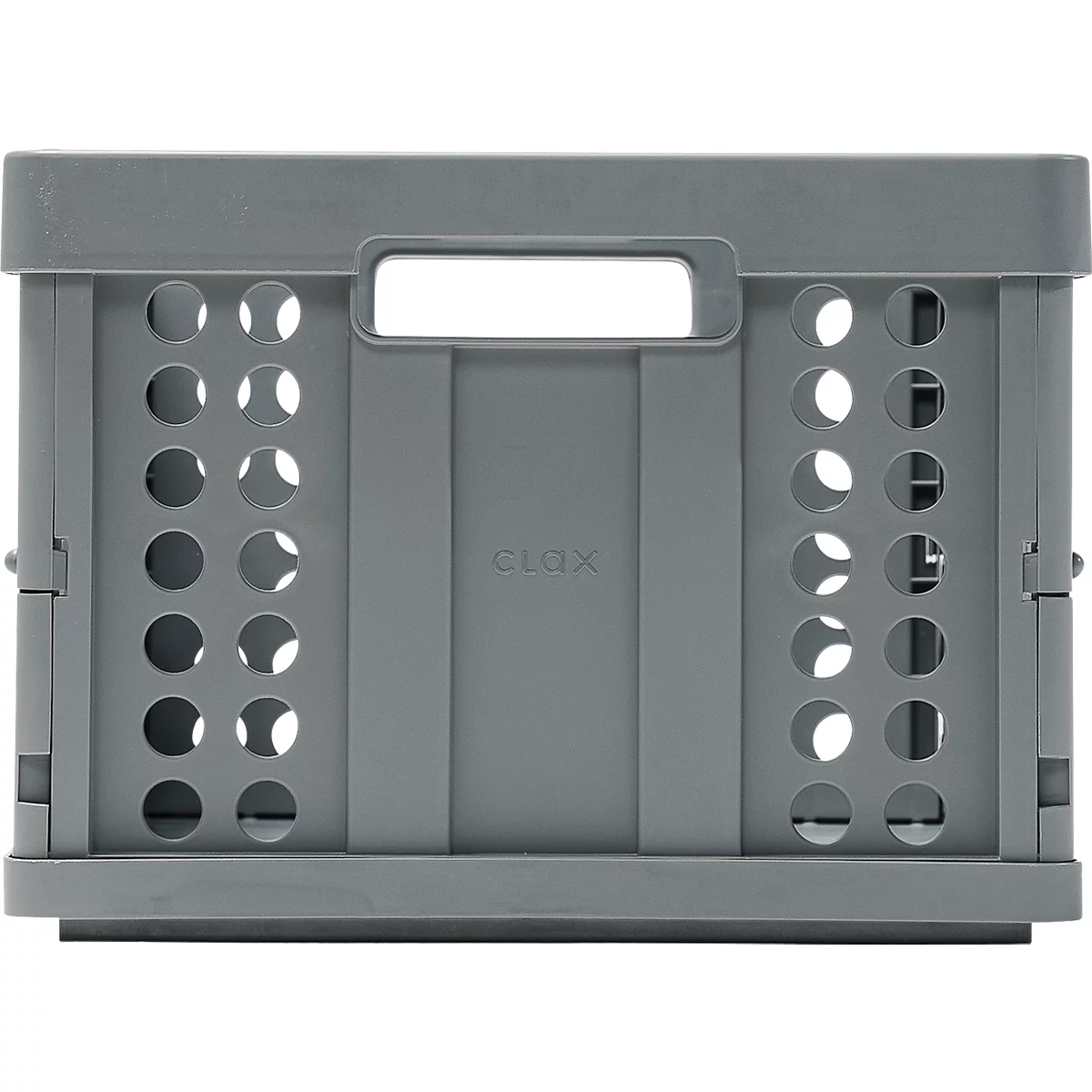 Caja plegable gris, con agujeros y asa. "GLOX" está grabado en la parte delantera.