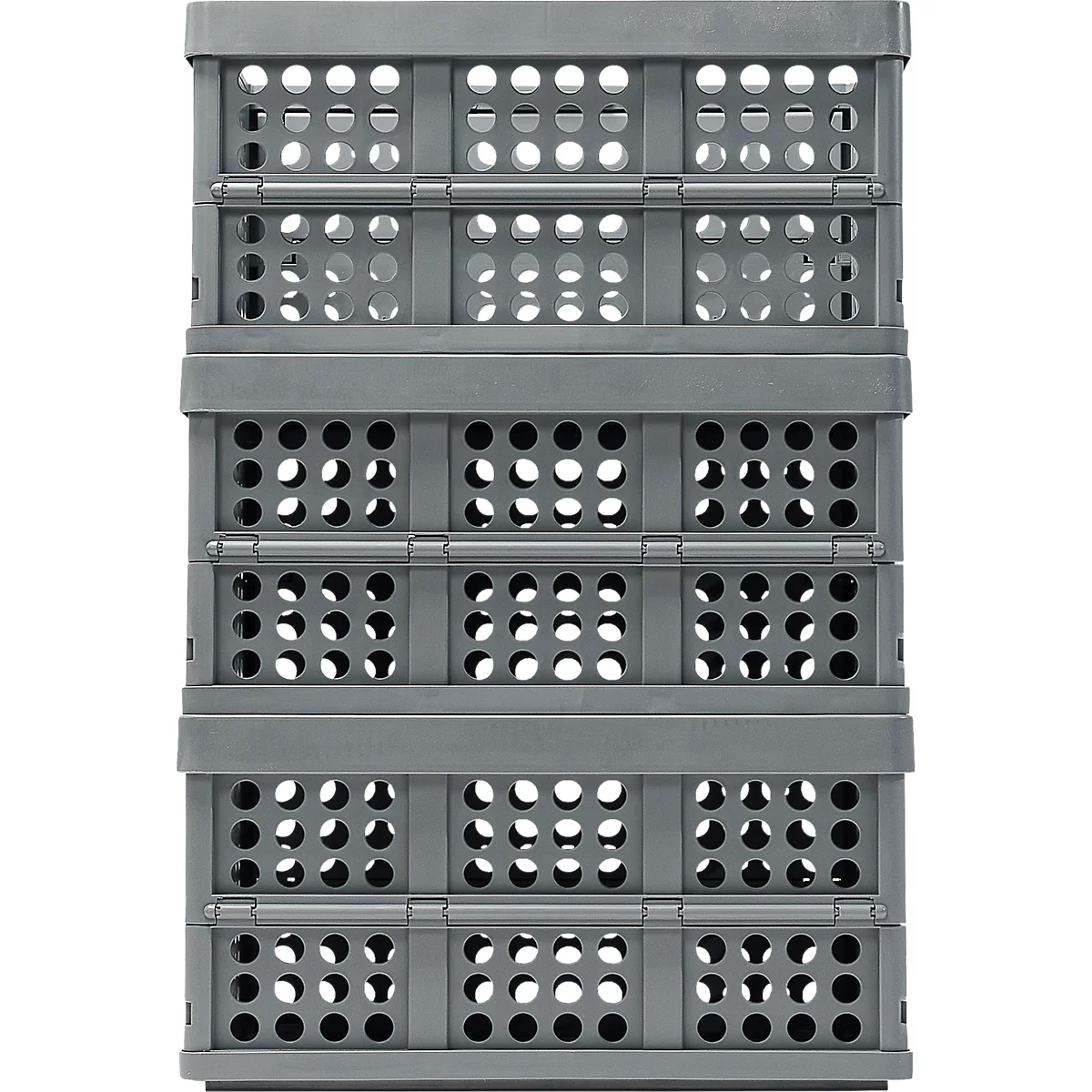 Caja de almacenamiento gris, plegada, con agujeros, apilada una encima de otra.
