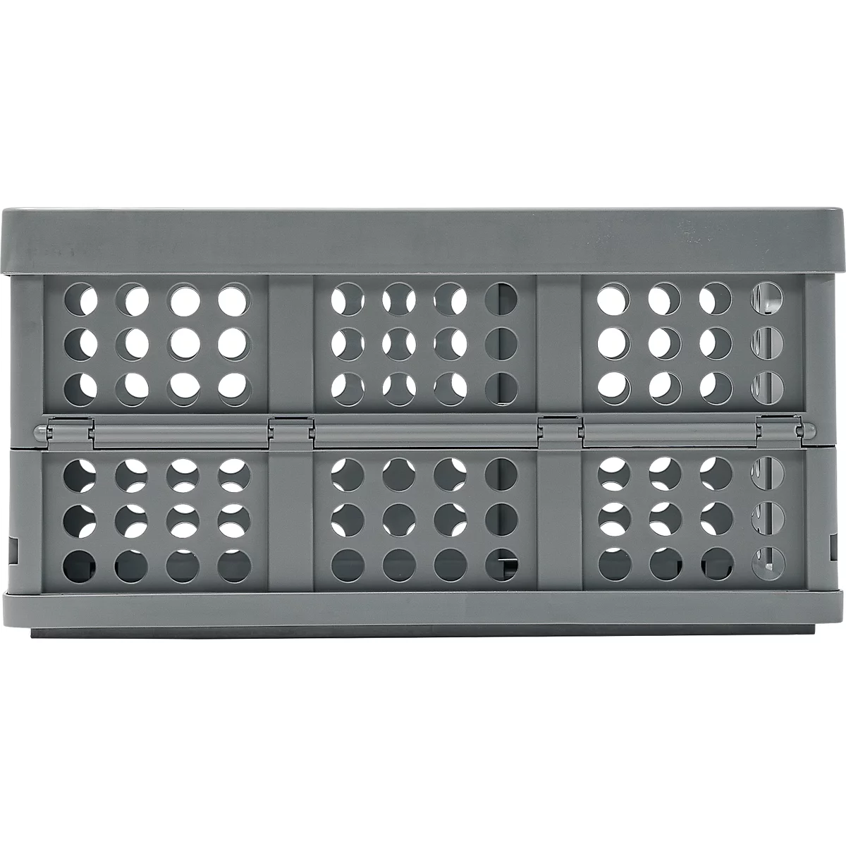 Caja de almacenamiento gris plegada con agujeros en la superficie. Está hecha de plástico.