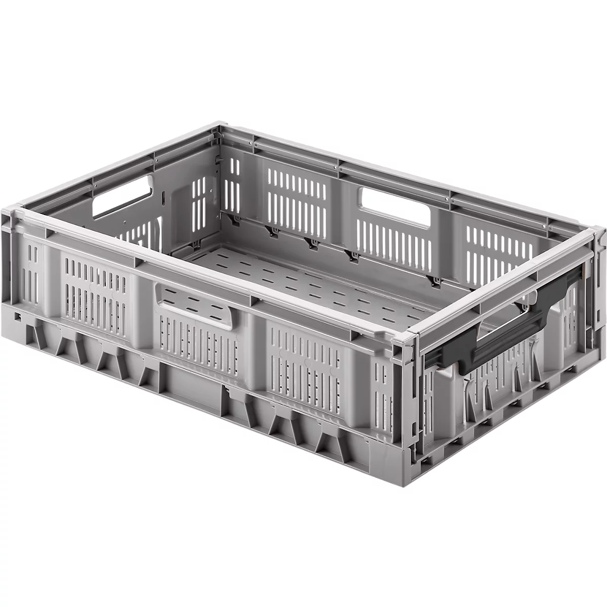 Caja de transporte de plástico gris claro con asas y ranuras de ventilación.