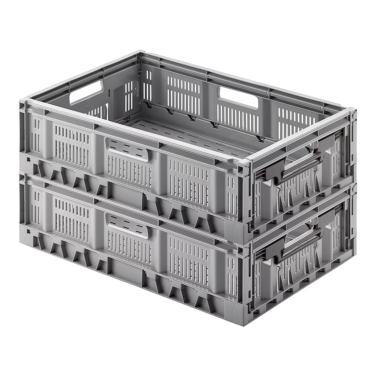 Dos cajas de plástico grises apilables con asas naranjas y ranuras de ventilación.