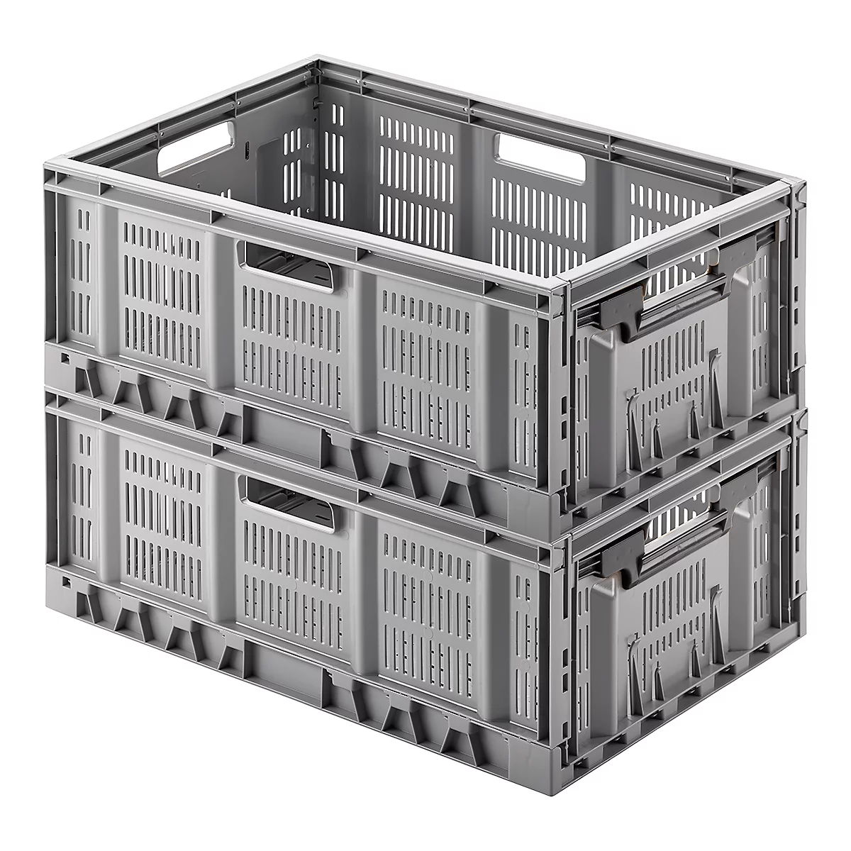 Dos cajas de plástico grises apilables, vistas desde arriba, sobre un fondo blanco.