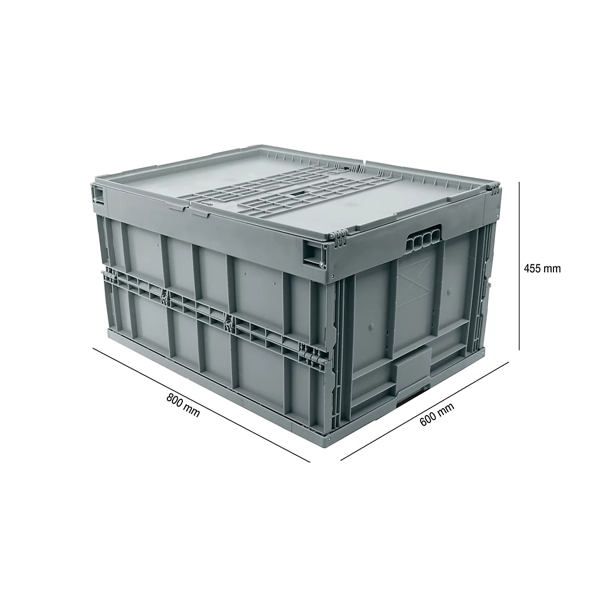 Caja plegable tamaño EURO 8645 DS, con tapa, volumen 171,2 l, con cierre de la sección final, gris