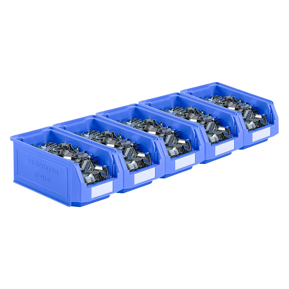 Cajas de abertura frontal serie LF421 SSI Schäfer, apilable, 7,8 l, 5 unidades, con empuñadura empotrada, azul