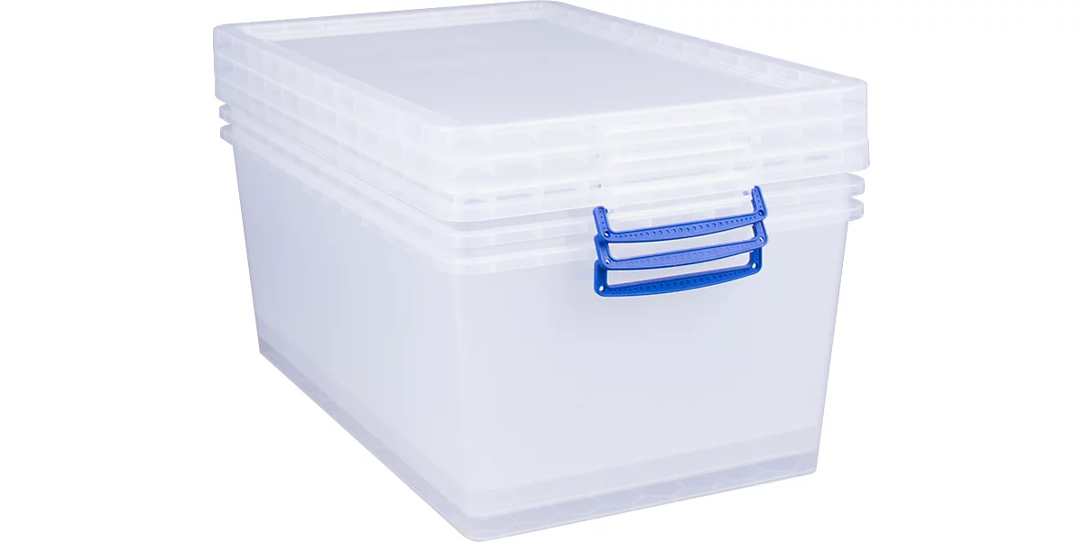 Cajas de almacenaje Really Useful Boxes, transparente, con tapa, 62 l, 3 unidades