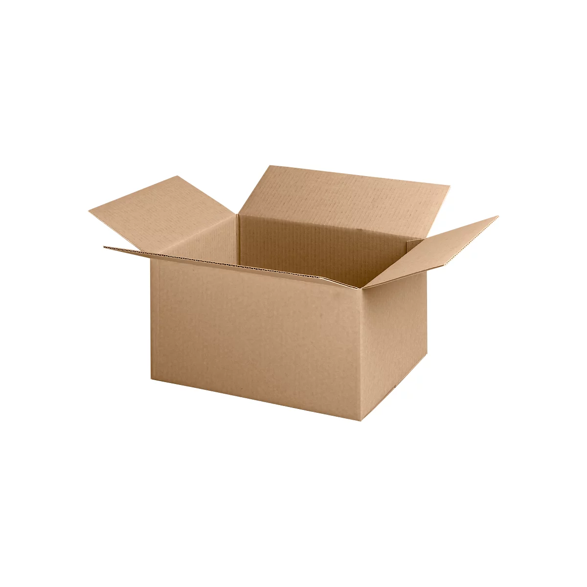 Caja de cartón marrón abierta. Los paneles frontal y lateral forman el cuerpo rectangular, tapa desplegada.